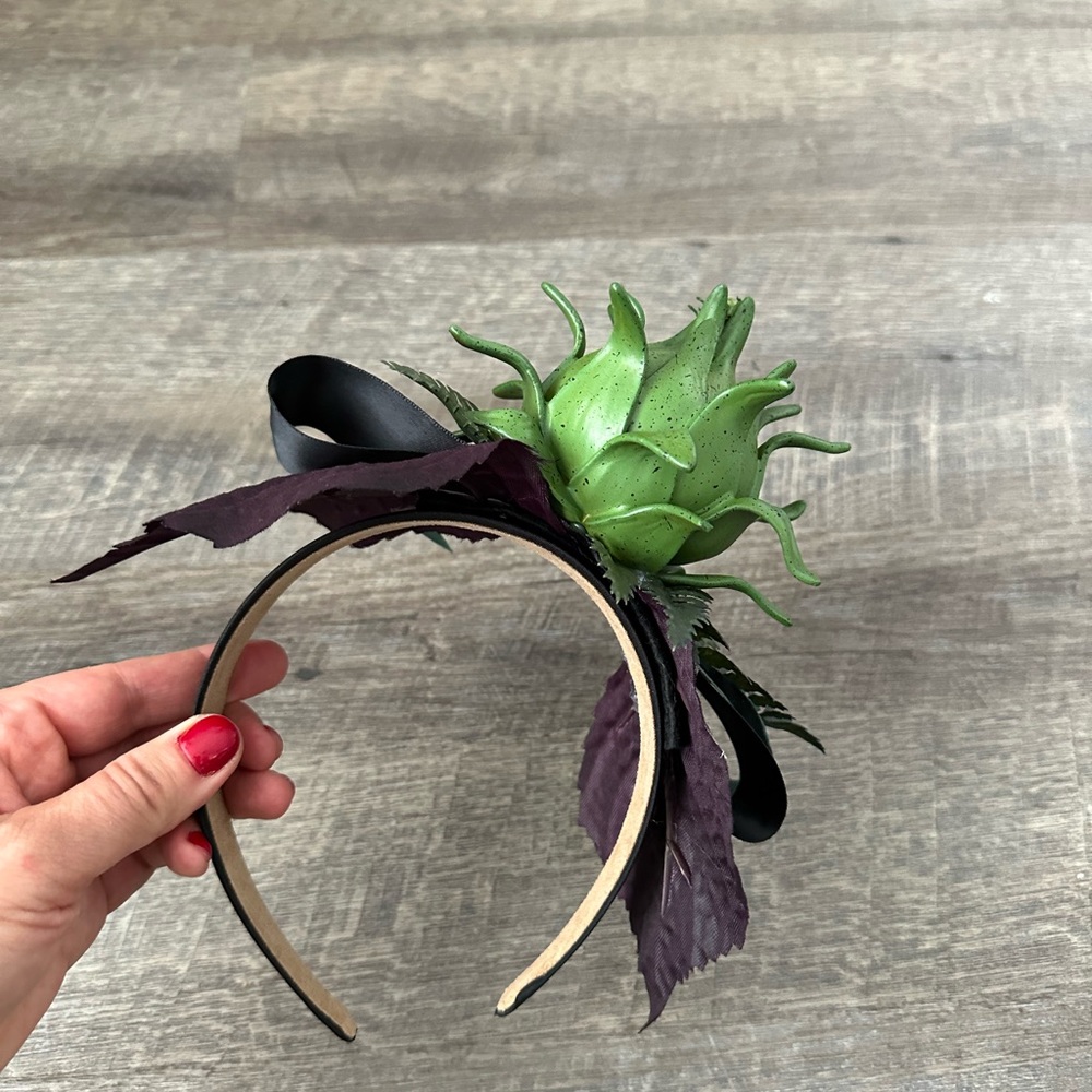 Handmade Designer Fascinator Headband Black Green Purple Thistle Artichoke Bow - Picture 14 of 16